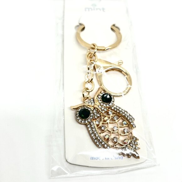 3/$30 GOLD OWL KEYCHAIN RHINESTONE CRYSTAL GREEN EYES BAG CHARM GIFT BLING NWT - Picture 9 of 10